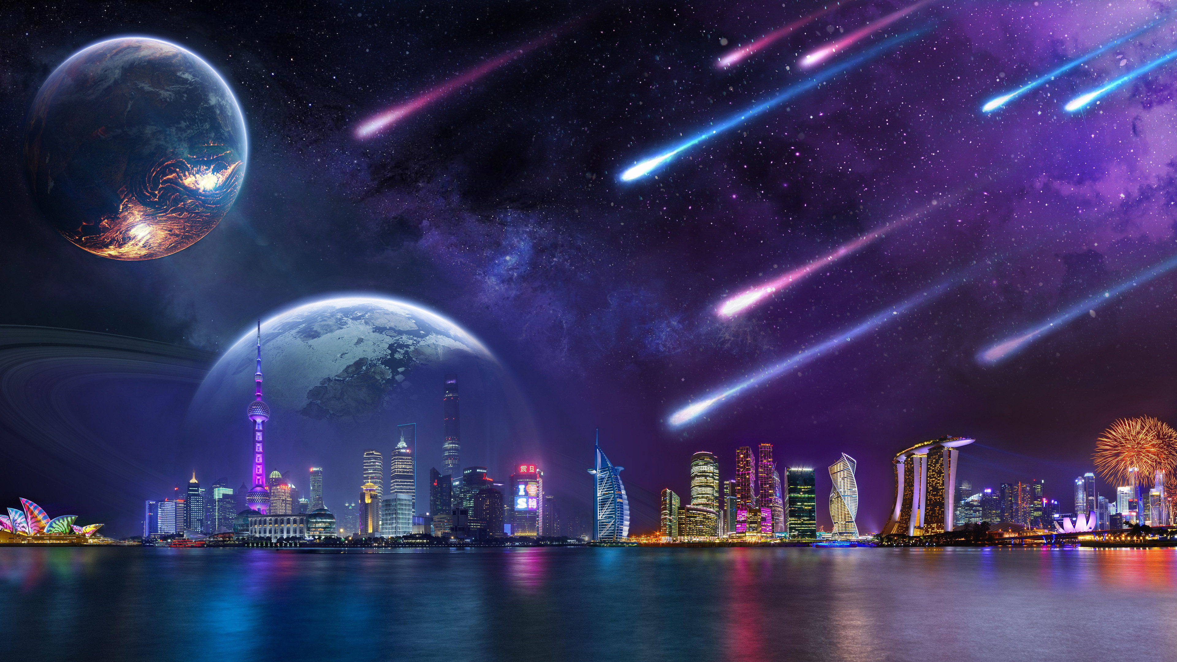 Cometas y planetas en paisaje digital urbano en la noche Fondo de pantalla  4k Ultra HD ID:4419
