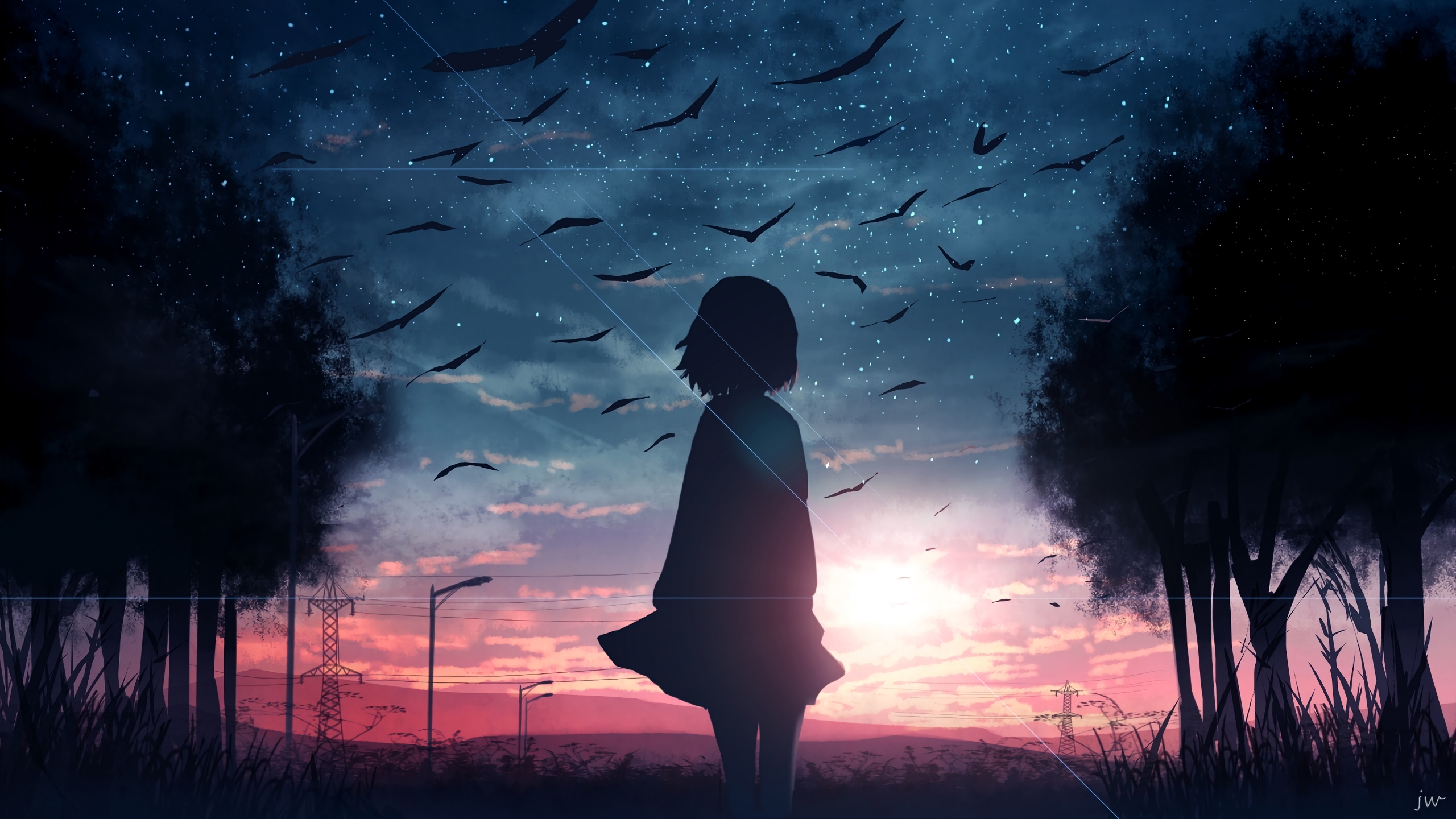 Sunrise Anime Girl Silhouette Scenery Wallpaper 4k Ultra HD ID:3721
