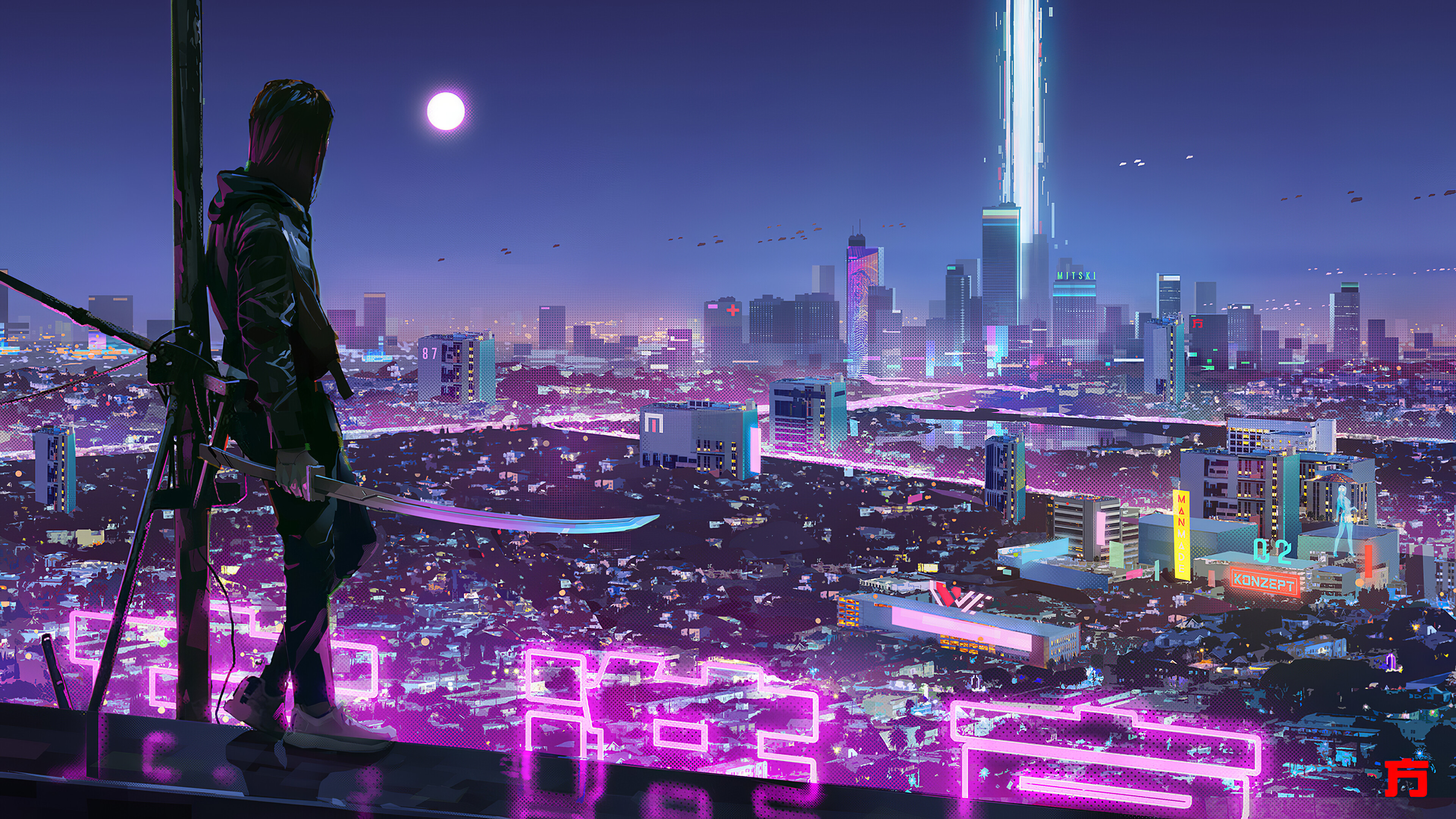 Ninja Katana Sci-Fi City Neon Lights Wallpaper 4k Ultra HD ID:5026