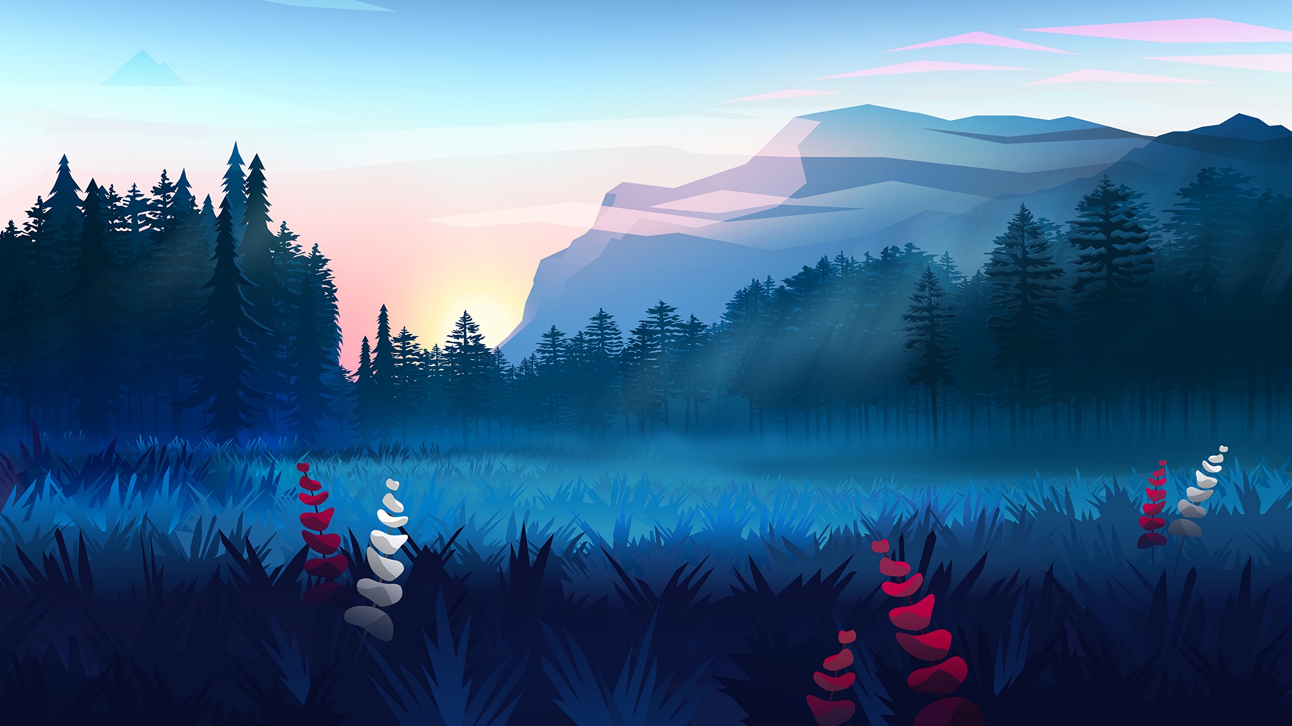 Mountains in forest scenery Minimalist design Wallpaper 4k HD ID:6345