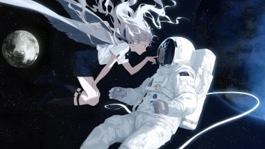 Anime girl with wings and astronaut Wallpaper
