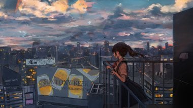 Anime girl looking at the city Wallpaper