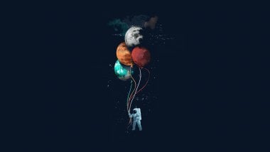 Astronaut with planets as balloons Wallpaper