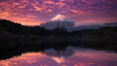 Mountain at sunset in the forest Wallpaper