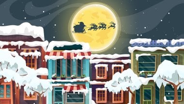 Casas con nieve y Santa Claus en trineo Fondo de pantalla