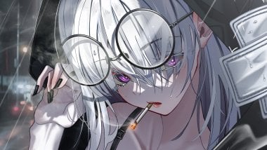 Anime girl with glasses and cigaratte Wallpaper