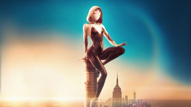 Spider Gwen Stacy sitting at the top of the city Wallpaper