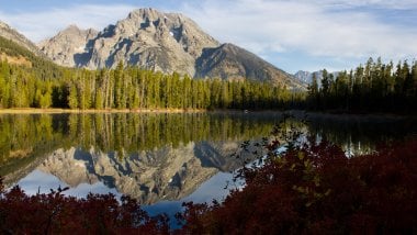 Montaña reflejada en lago en el bosque Fondo de pantalla