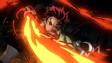 Tanjiro con katana en llamas del anime Kimetsu no Yaiba Fondo de pantalla