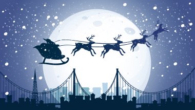Santa Claus in sleigh with his reindeer Wallpaper