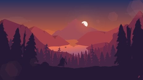 Paisaje ilustración atardecer en el bosque montañas Fondo de pantalla