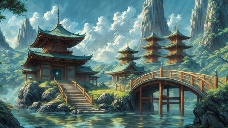 Paisaje japonés con templos, pagodas y un puente. Fondo de pantalla