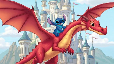 Stitch flying with a dragon Wallpaper