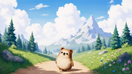 Kawaii character in a forest and mountain landscape Wallpaper
