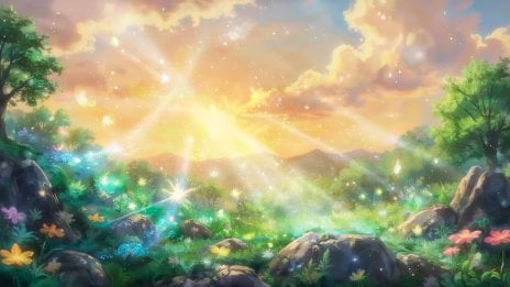 Magical jungle landscape at sunset Wallpaper