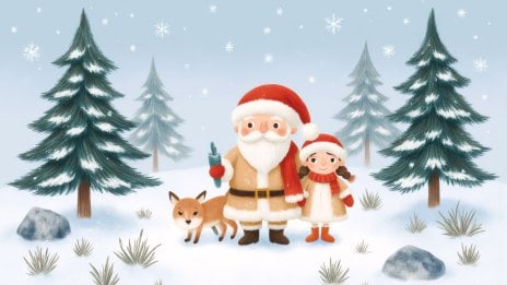 Christmas in the forest with Santa, a girl, and a fox Wallpaper
