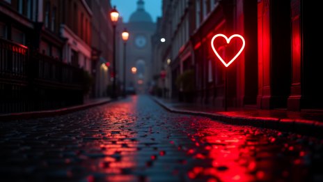 Luz roja en forma de corazón flotando en la calle Fondo de pantalla