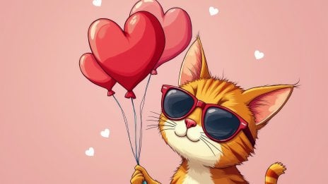 Gato con lentes y globos de corazón Fondo de pantalla