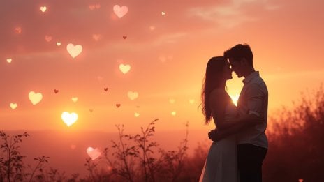Couple at sunset in the countryside with hearts Wallpaper