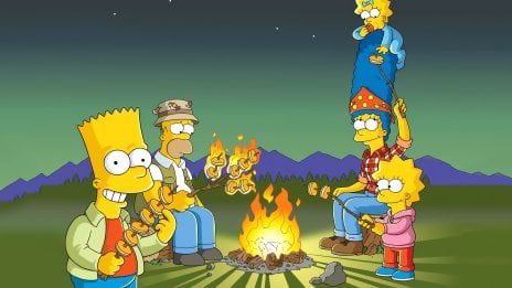 The Simpsons with a campfire in the woods Wallpaper