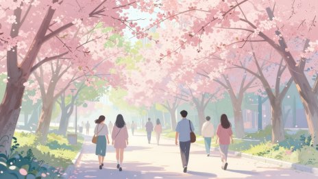 Parque urbano en primavera con gente caminando entre flores de cerezo Fondo de pantalla