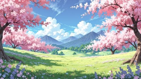 Paisaje anime del campo y montañas entre árboles de cerezo Fondo de pantalla
