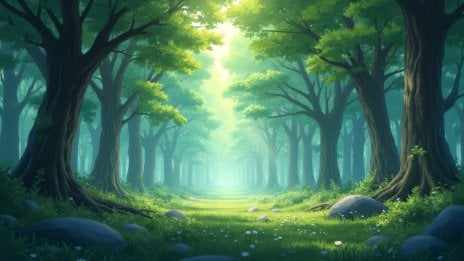 Forest with tall trees, fog, and warm light Wallpaper