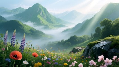 Campo de flores entre valles con montañas y niebla Fondo de pantalla