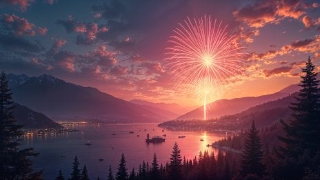 Pink sunset in the forest with a lake and fireworks Wallpaper