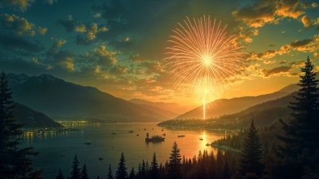 Atardecer en el bosque con lago y fuegos artificiales Fondo de pantalla