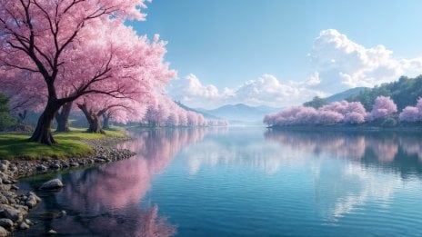 Lago rodeado de árboles de cerezo en flor en primavera Fondo de pantalla
