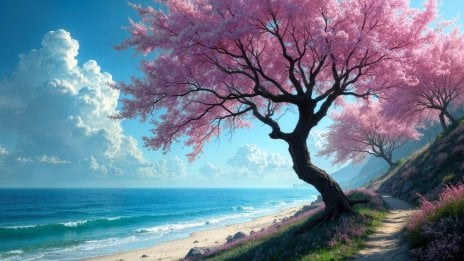 Playa con cerezos en flor junto al mar – paisaje costero en primavera Fondo de pantalla