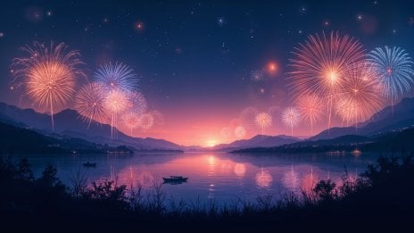 Lago y montañas con fuegos artificiales al anochecer Fondo de pantalla