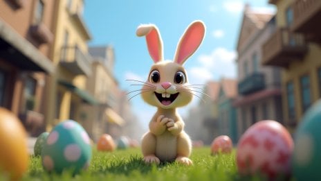 Cute 3D Easter Bunny in Cartoon Style on Grass with Eggs Wallpaper