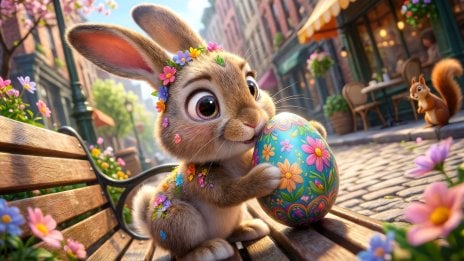 3D Easter Bunny with Floral Egg in Urban Scene Wallpaper