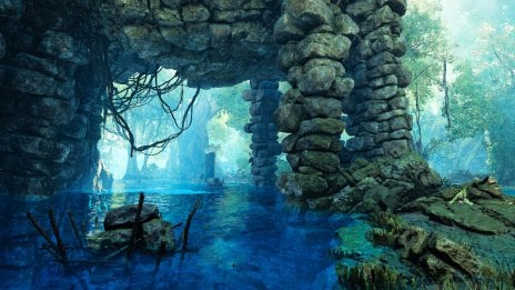 Ancient ruins in a jungle, Scarlet Forest in Monster Hunter Wilds Wallpaper