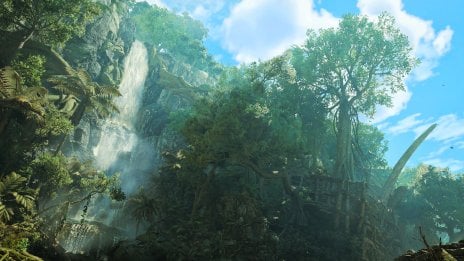 Waterfall and ruins overgrown with vegetation, Scarlet Forest - Monster Hunter Wilds Wallpaper
