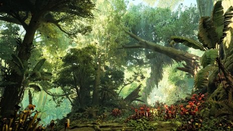 Tropical rainforest with lush vegetation - Monster Hunter Wilds Wallpaper