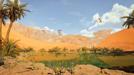 Green Oasis in Desert Landscape - Monster Hunter Wilds Wallpaper