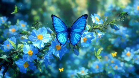 Mariposa azul entre flores celestes - Ilustración Anime Fondo de pantalla