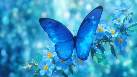 Mariposa azul entre flores celestes - Fantasía Anime Fondo de pantalla