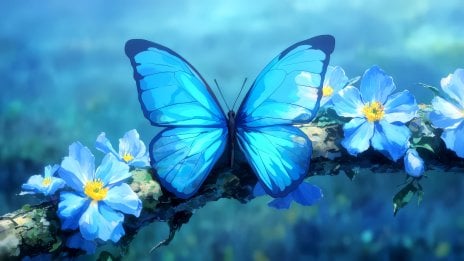 Gran mariposa azul entre flores - Fantasía Anime Fondo de pantalla