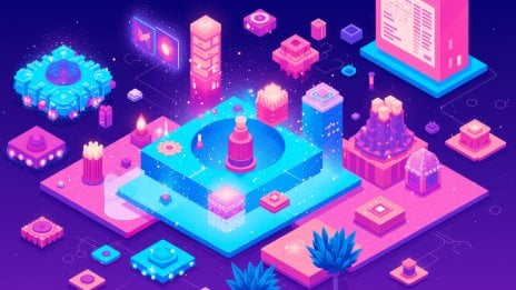 Ilustración isométrica pixel art Y2K de un parque de juegos cibernético Fondo de pantalla