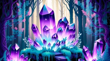 Paisaje de fantasía con cristales de amatista Fondo de pantalla