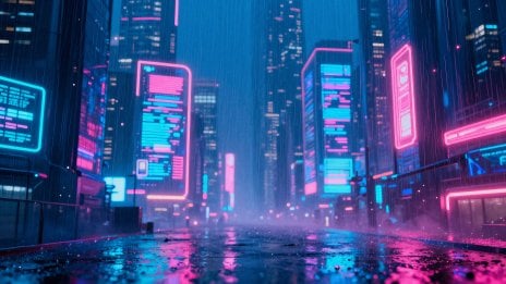 Camino en ciudad cyberpunk bajo la lluvia de neón Fondo de pantalla