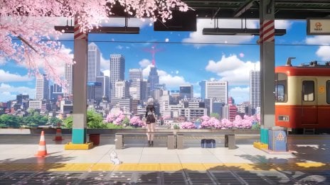 Chica anime en estación de tren con flores de cerezo Fondo de pantalla
