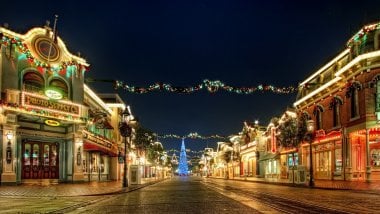 Streets with Christmas lights and ornaments Wallpaper