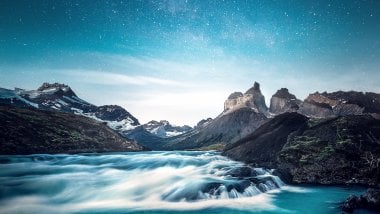 Mountains with river and stars Wallpaper