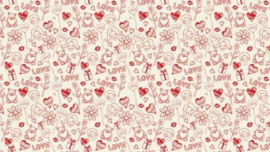 Patrón de diseño sobre corazones, globos, flores, besos, osos y regalos Fondo de pantalla