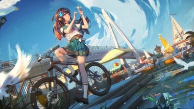 Anime chica estudiante en bicicleta Fondo de pantalla